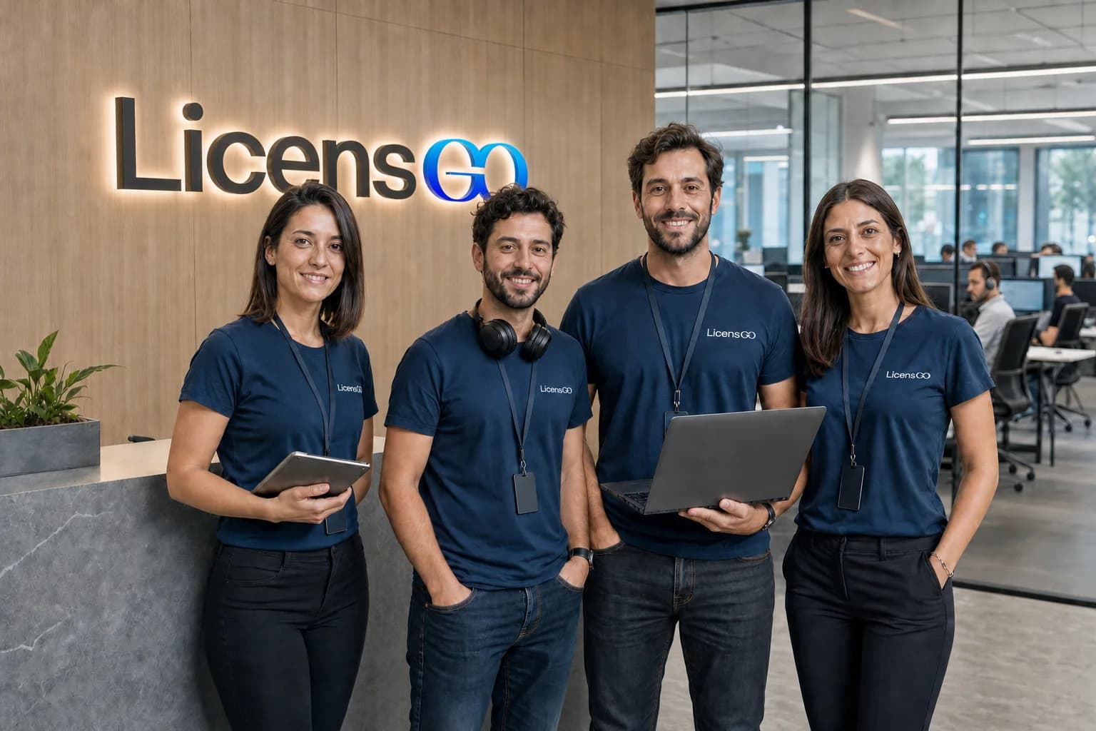 Il team Licensgo nella reception degli uffici, con l’insegna sulla parete e la rete vendita al lavoro