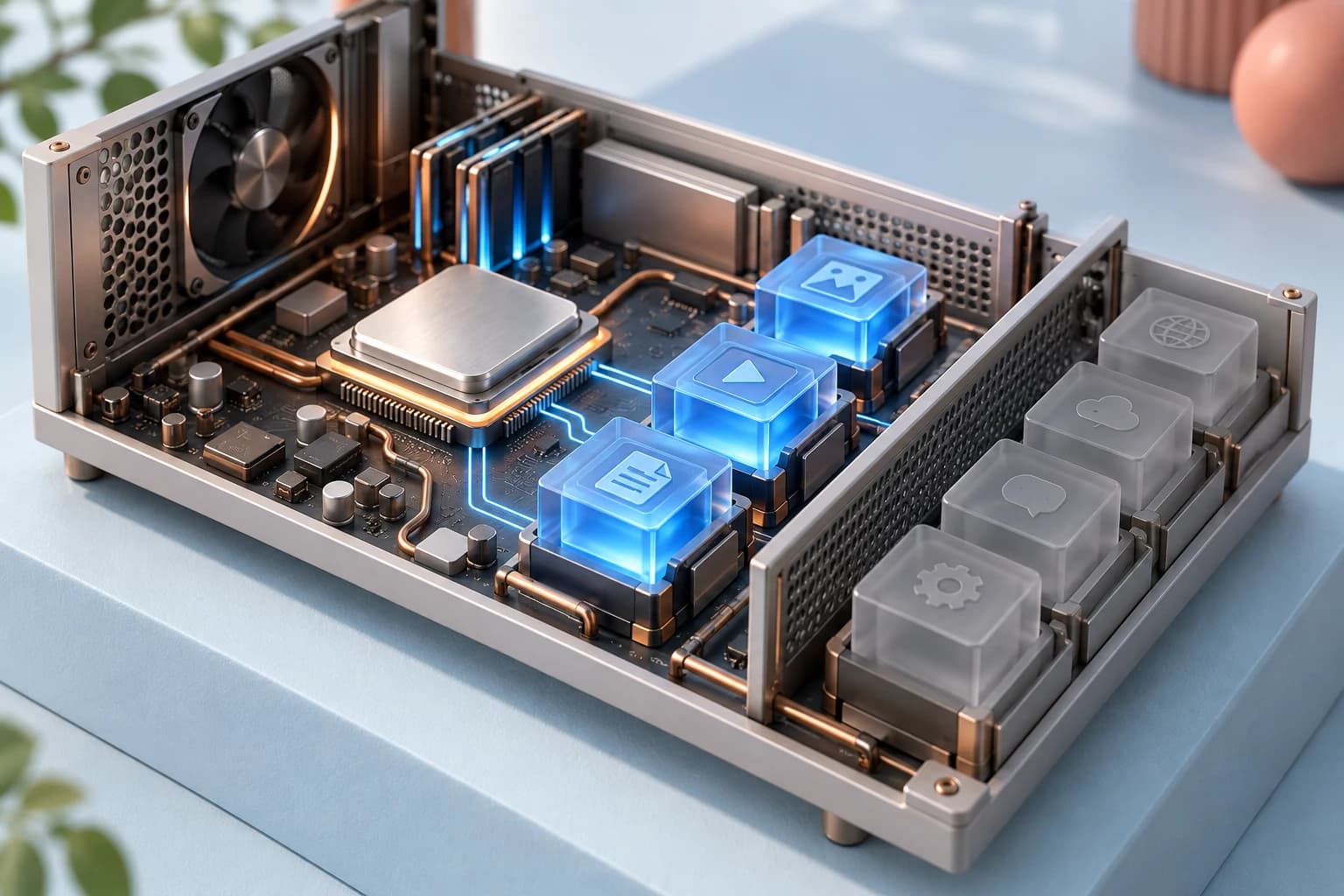 Un modello aperto di computer con moduli blu attivi e moduli grigi a riposo, collegati da percorsi ordinati.