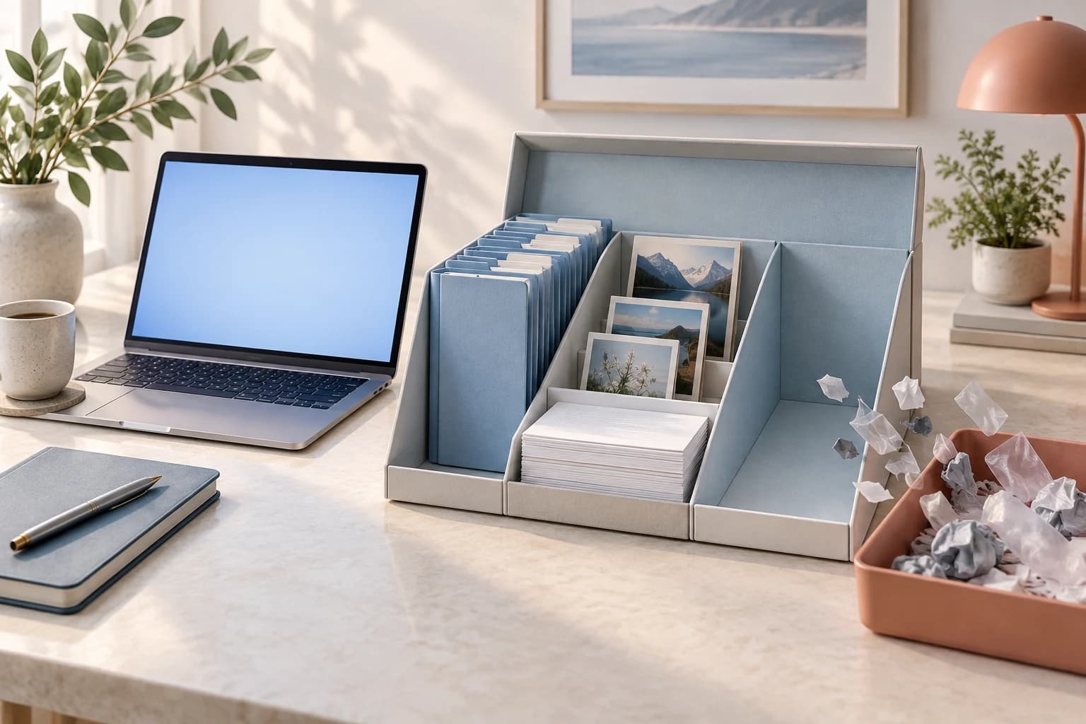 Un portatile accanto a un archivio ordinato di cartelle e fotografie, con piccoli scarti separati in un vassoio.