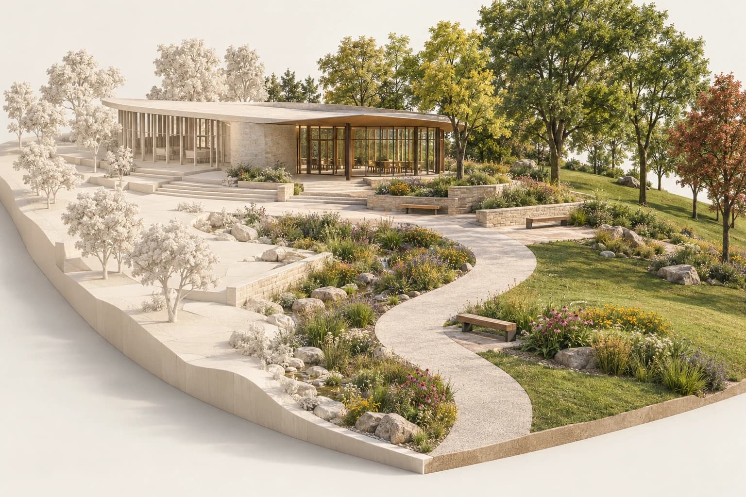 Padiglione in un parco, dal modello bianco alla scena con pietra, alberi, percorsi e aiuole.