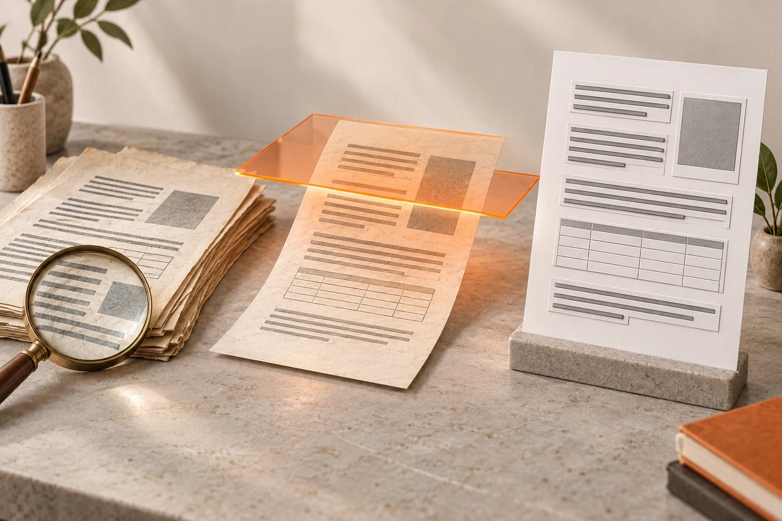 Fogli cartacei attraversano un piano di scansione arancione e diventano una pagina ordinata con righe di testo e tabella.