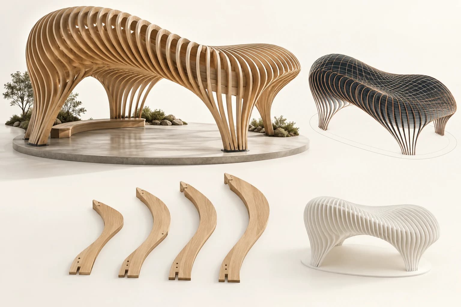 Copertura curva a costole di legno con studio della superficie, profili separati e modello bianco in scala.