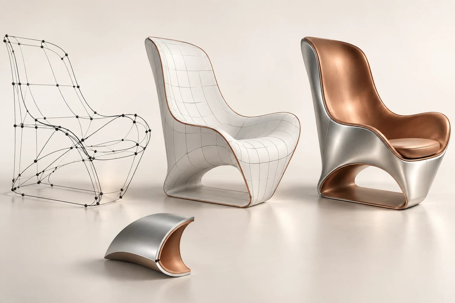 Tre studi della stessa seduta: rete di curve, superficie bianca e finitura metallica con dettagli color rame.