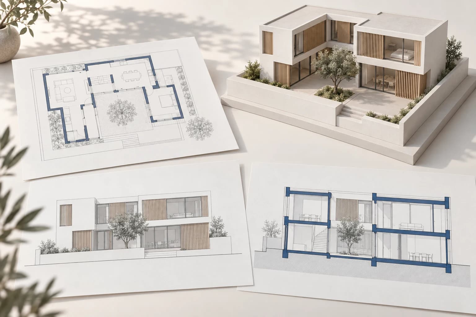 Modello di una casa a corte accanto a tavole con pianta, prospetto e sezione dello stesso edificio.