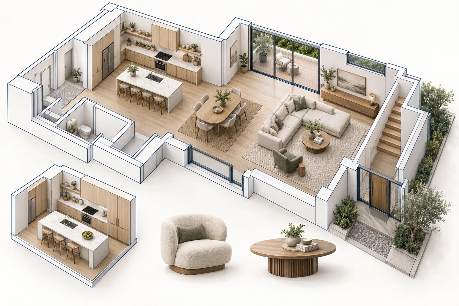 Modello assonometrico di un appartamento con cucina e soggiorno, variante dell’isola e componenti di arredo separati.