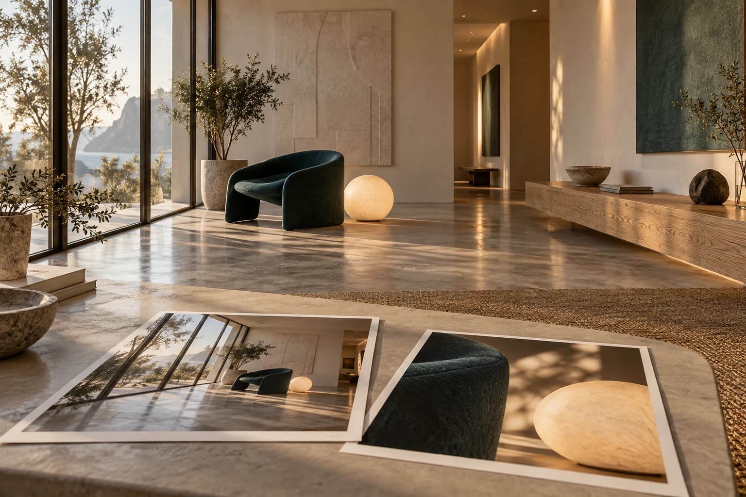 Interno con poltrona verde e lampada, accompagnato da stampe della vista generale e di un dettaglio.